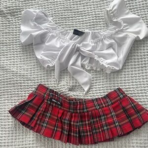 White Crop Top and Red Plaid Skirt Set